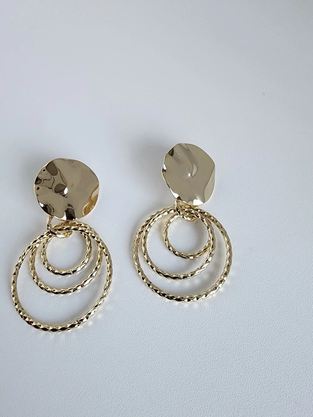 Gold Tone Triple Circle Dangle Earrings Textured Hoop Statement Earrings